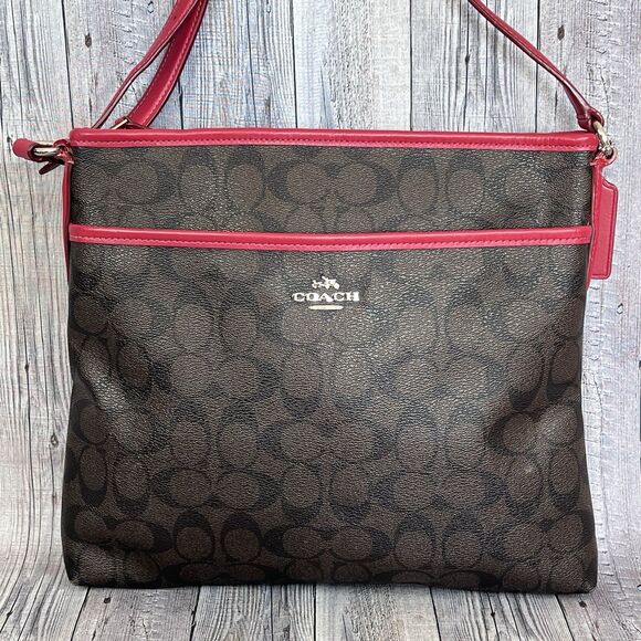 Coach Signature Zip File Crossbody Bag Brown/ True Red Purse Adjustable - Picture 1 of 15